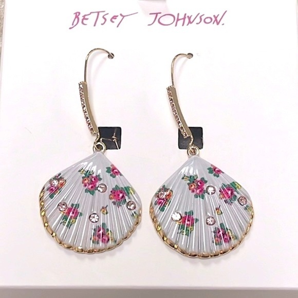 Brand New Betsey Johnson Floral Seashell Rhinestone Drop Earrings Beach Tropical - Picture 3 of 14